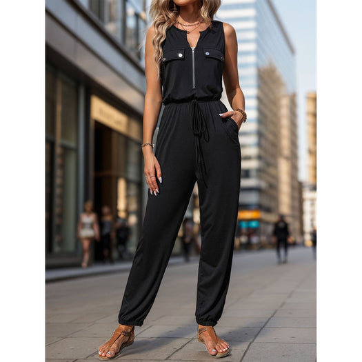 Half Zip Sleeveless Jumpsuit with Pockets