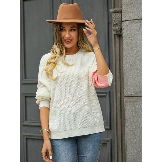 Contrast Round Neck Dropped Shoulder Sweater