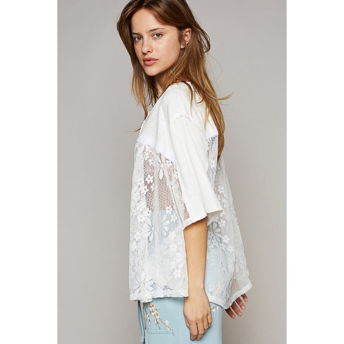 POL Round Neck Short Sleeve Lace Top