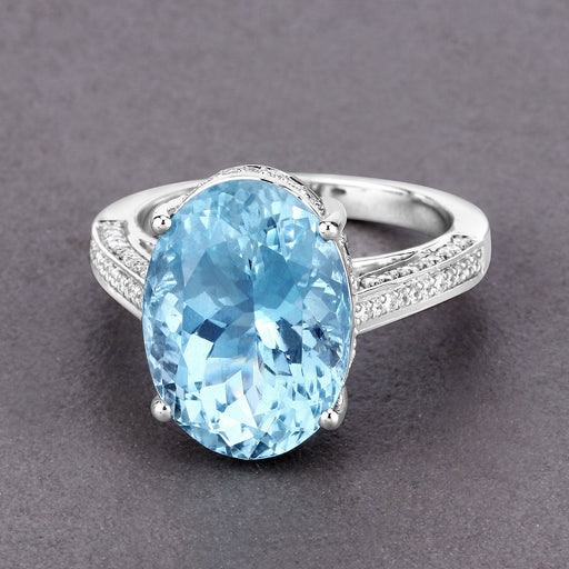 Bids.com 8.84 Carat Genuine Aquamarine and White Diamond 14K White Gold Ring Rings