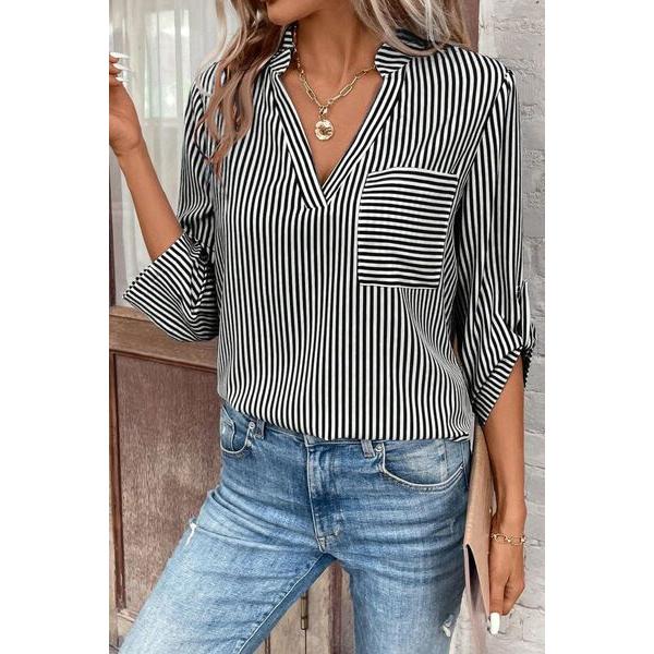 Striped Notched Roll-Tab Sleeve Shirt