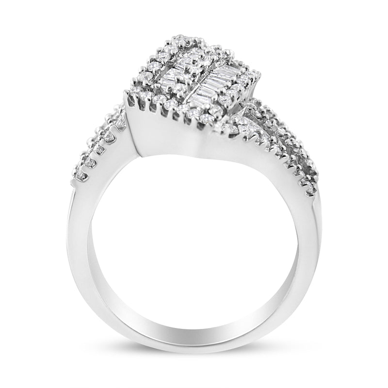 Bids.com 14K White Gold 1-1/2 Cttw Round and Baguette Diamond Bypass Cocktail Ring Band (H-I Color, SI1-SI2 Clarity) - Size 7 Rings