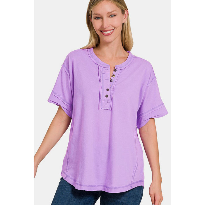 Zenana Exposed Seam Half Button Short Sleeve Top