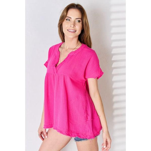 Zenana Raw Hem Short Sleeve Top