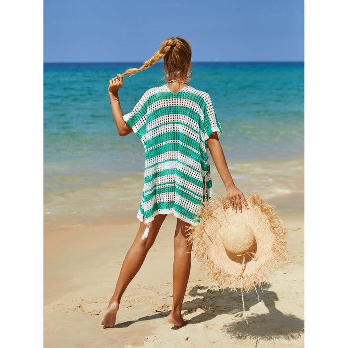 Tassel Openwork Striped V-Neck Cover Up