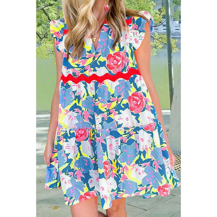 Ruffled Printed Cap Sleeve Mini Dress