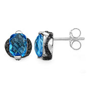 Bids.com 3.74 Carat Genuine Blue Topaz & Black Diamond .925 Sterling Silver Earrings Earrings