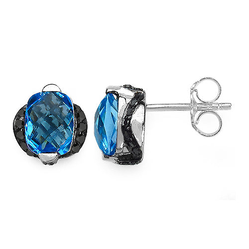 Bids.com 3.74 Carat Genuine Blue Topaz & Black Diamond .925 Sterling Silver Earrings Earrings