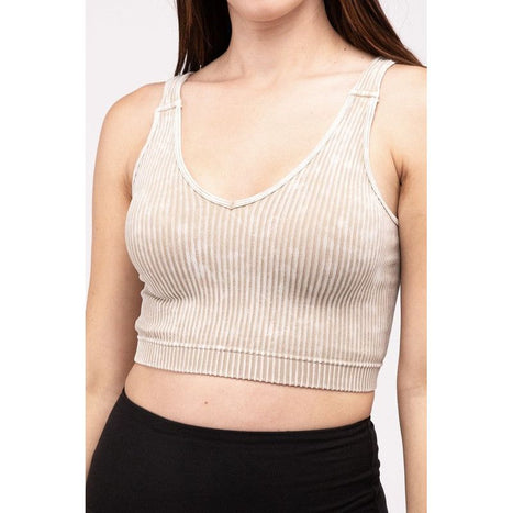 Washed Ribbed Cropped V-Neck Tank Top