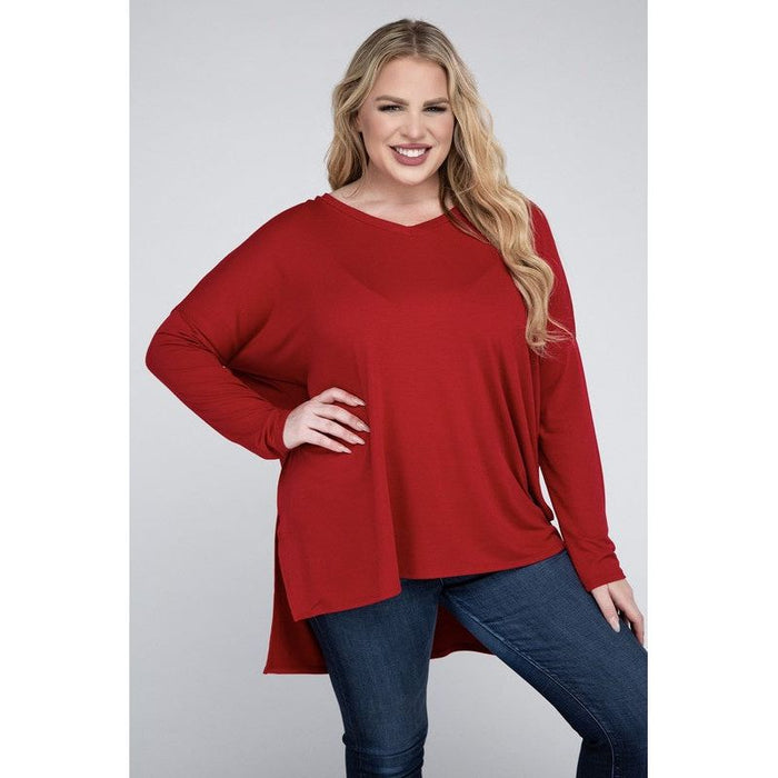 Plus Dolman Sleeve V-Neck Side Slit Hi-Low Hem Top