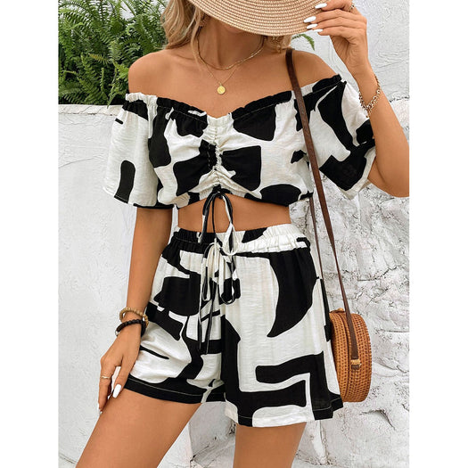 Drawstring Off-Shoulder Top and Shorts Set