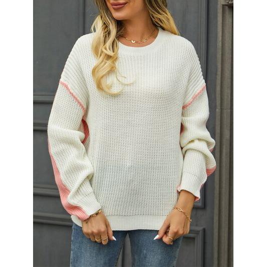 Contrast Round Neck Dropped Shoulder Sweater