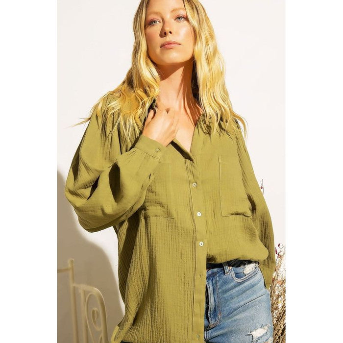 TEXTURED GAUZE BUTTON DOWN PUFF SLEEVES BLOUSE TOP