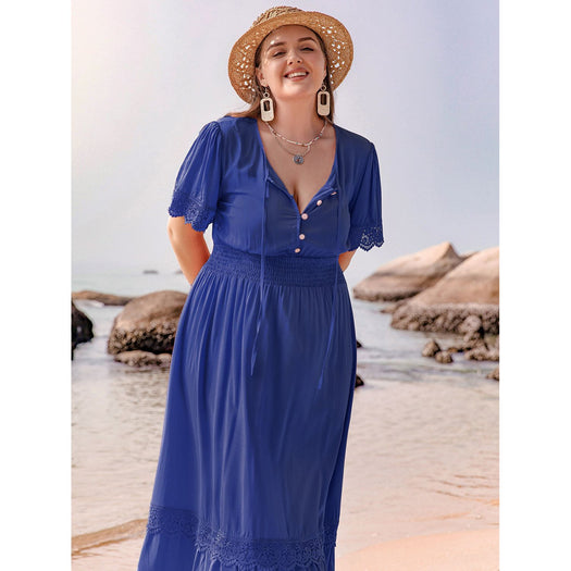 Plus Size Lace Detail Tie Neck Short Sleeve Maxi Dress