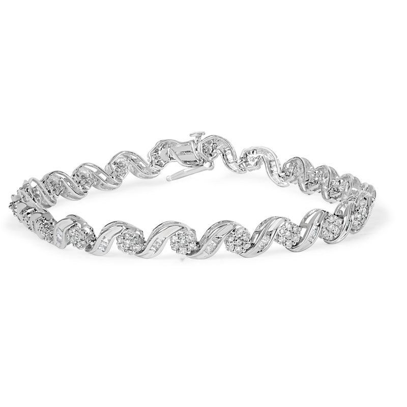 Bids.com 10K White Gold 2.00 Cttw Round-Cut and Baguette-Cut Diamond Floral Design Swirl Link 7" Bracelet (I-J Color, I1-I2 Clarity) Bracelets