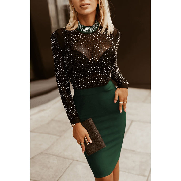 Rhinestone Mock Neck Long Sleeve Dress