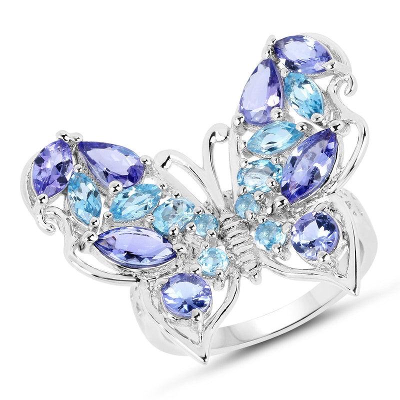 Bids.com 3.60 Carat Genuine Tanzanite and Swiss Blue Topaz .925 Sterling Silver Ring Rings