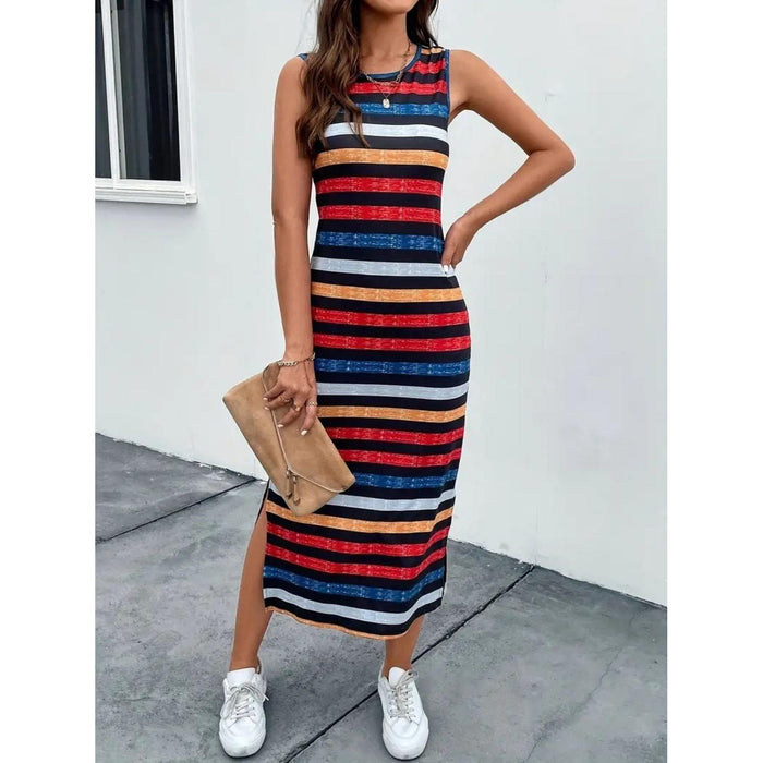 Slit Printed Round Neck Sleeveless Dress