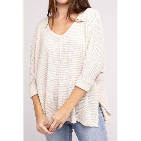 3/4 Sleeve V-Neck Hi-Low Hem Jacquard Sweater