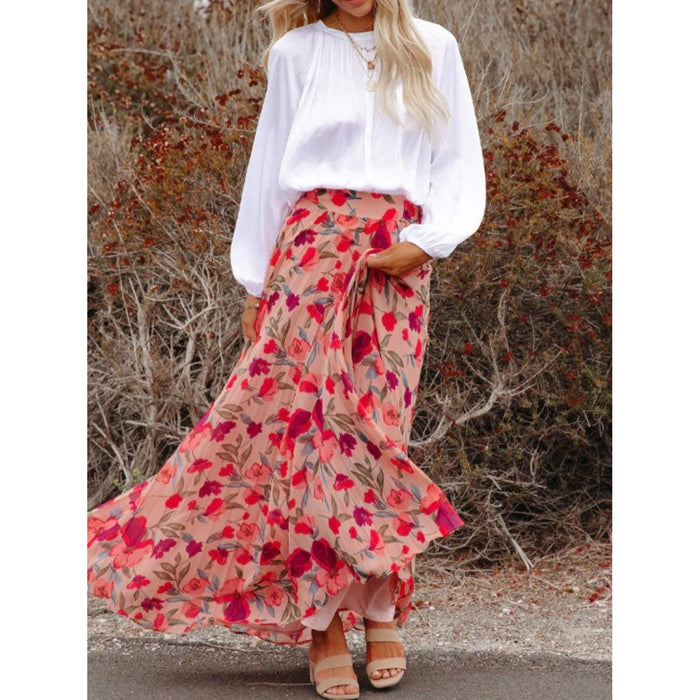 Printed Elastic Waist Pleated Maxi Skirt