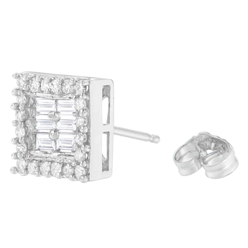 Bids.com 14K White Gold 1 cttw Round and Baguette Diamond Stud Earrings (H-I, SI1-SI2) Earrings