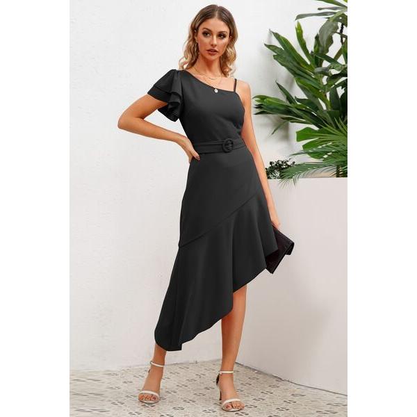 Ruffled Asymmetrical Neck Flutter Sleeve Dress