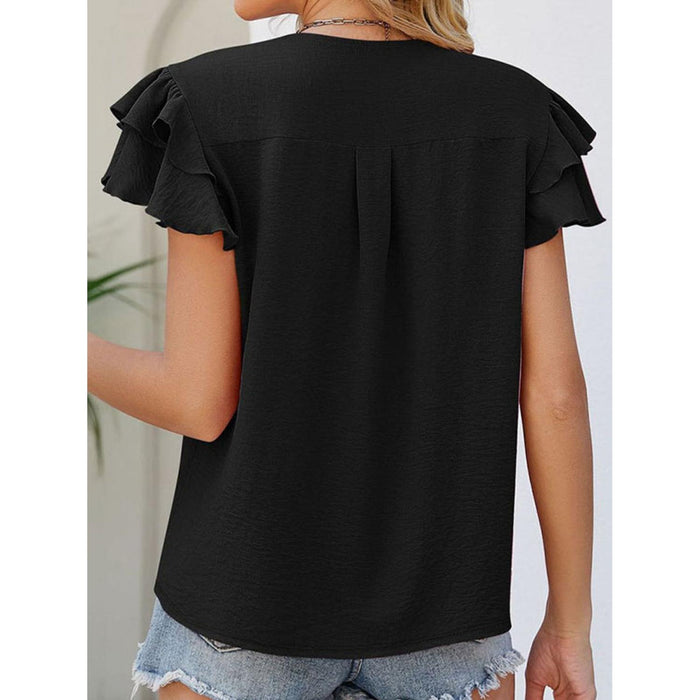 Ruffled V-Neck Cap Sleeve Blouse