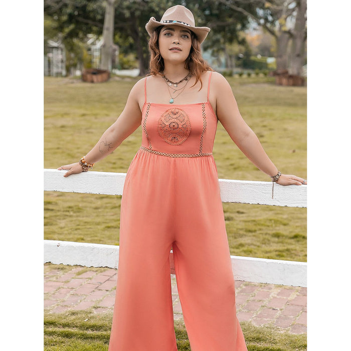 Plus Size Lace Detail Spaghetti Strap Wide Leg Jumpsuit