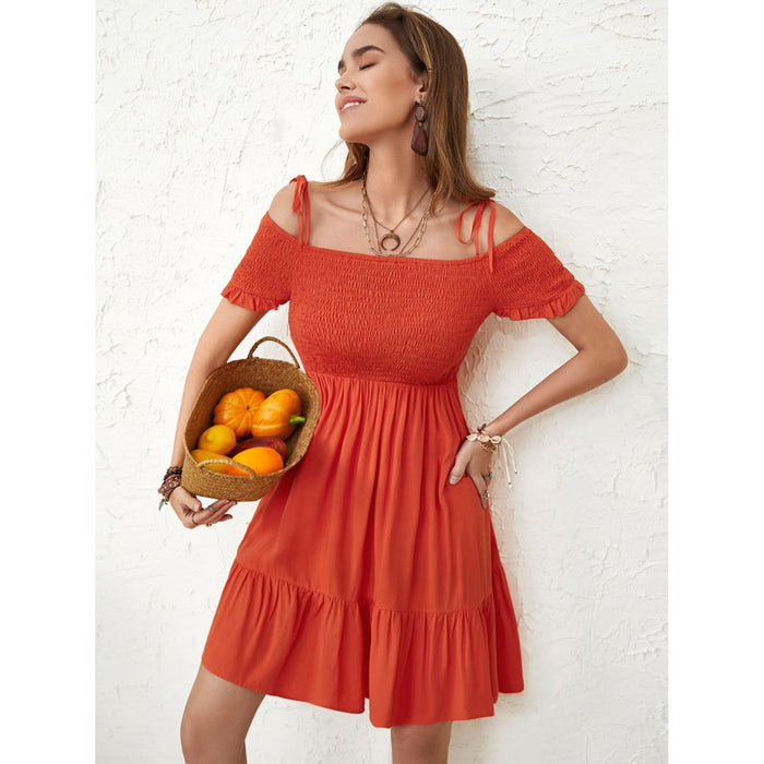 Smocked Spaghetti Strap Short Sleeve Dress