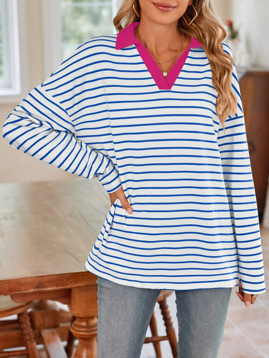 Striped Johnny Collar Long Sleeve T-Shirt