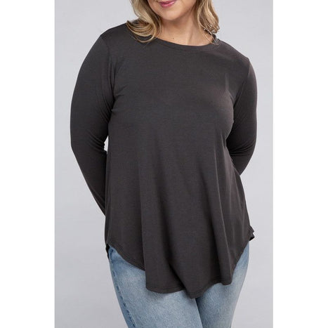 Plus Long Sleeve Round Neck Round Hem Top