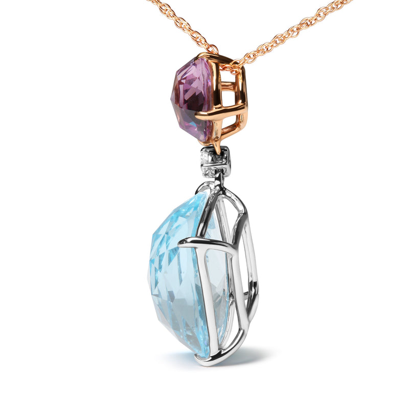 Bids.com 18K White and Rose Gold Round Diamond Accent and Round Rose De France Pink Amethyst and Cushion Cut Sky Blue Topaz Dangle Drop 18" Pendant Necklace (G-H Color, SI1-SI2 Clarity) Necklaces