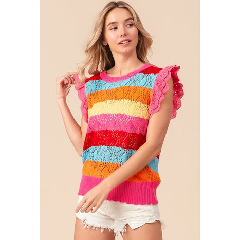 BiBi Pointelle Striped Ruffled Knit Top