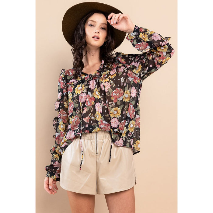 Ces Femme Ruffle Trim Long Sleeve Floral Blouse