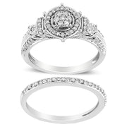 Bids.com .925 Sterling Silver 1/3 Cttw Diamond 7 Stone Cluster and Halo Engagement Ring and Wedding Band Set (I-J Color, I1-I2 Clarity) - Size 7 Rings