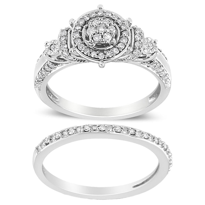 Bids.com .925 Sterling Silver 1/3 Cttw Diamond 7 Stone Cluster and Halo Engagement Ring and Wedding Band Set (I-J Color, I1-I2 Clarity) - Size 7 Rings