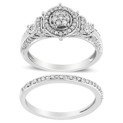 Bids.com .925 Sterling Silver 1/3 Cttw Diamond 7 Stone Cluster and Halo Engagement Ring and Wedding Band Set (I-J Color, I1-I2 Clarity) - Size 7 Rings