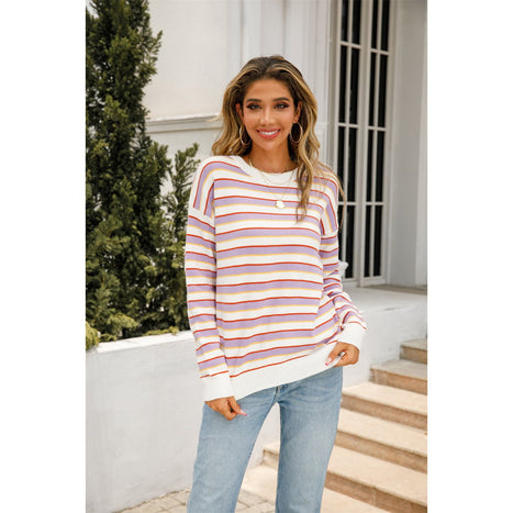 Striped Round Neck Dropped Shoulder Knit Top