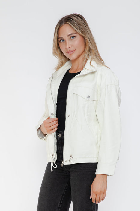 Drawstring Hem PU Leather Zip Up Jacket