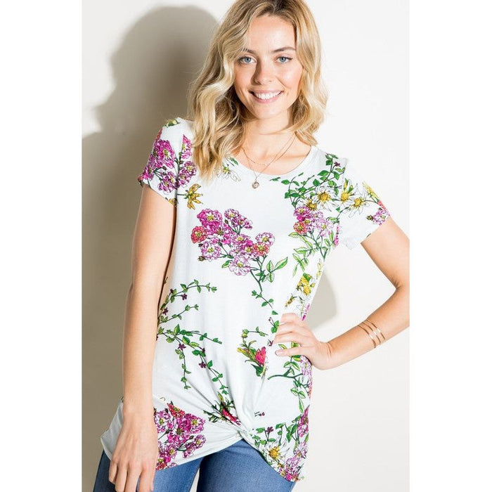 Floral Jersey Front Twist Tunic Top