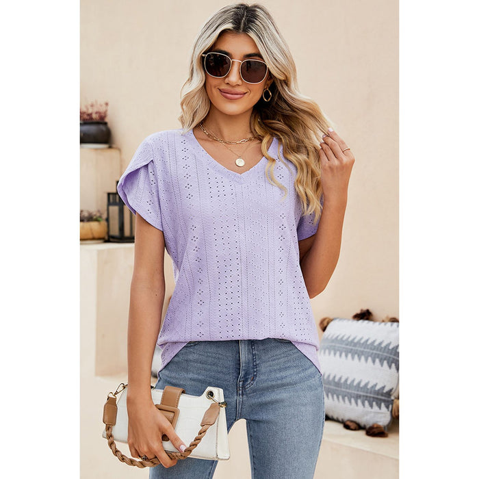 Eyelet V-Neck Petal Sleeve T-Shirt