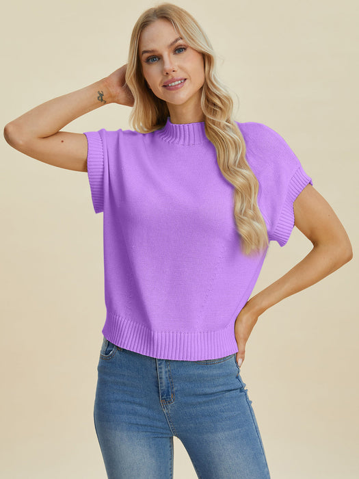 Full Size Mock Neck Short Sleeve Sweater