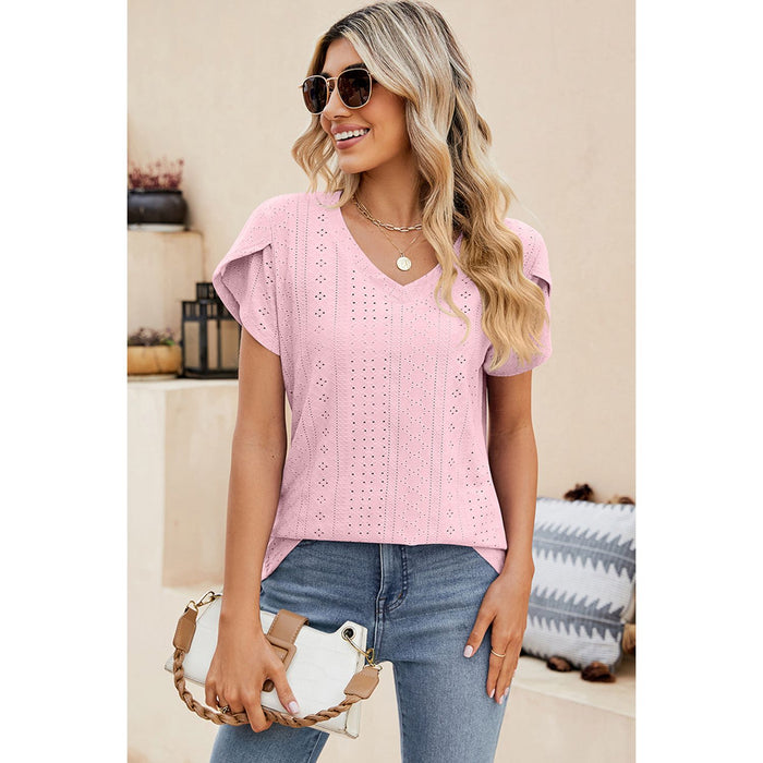 Eyelet V-Neck Petal Sleeve T-Shirt