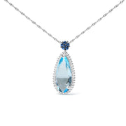 Bids.com 18K White Gold 3/8 Cttw Pave Set Diamond and Sky Blue Topaz and Blue Sapphire Gemstone Floral Teardrop Halo 18" Pendant Necklace (G-H Color, SI2-I1 Clarity) Necklaces