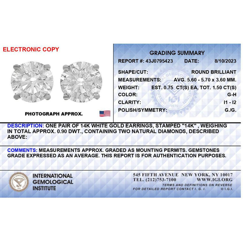 Bids.com IGI Certified 14K White Gold 1 1/2 Cttw Round Diamond Solitaire Stud Earrings with Screwbacks (G-H Color, I1-I2 Clarity) Earrings
