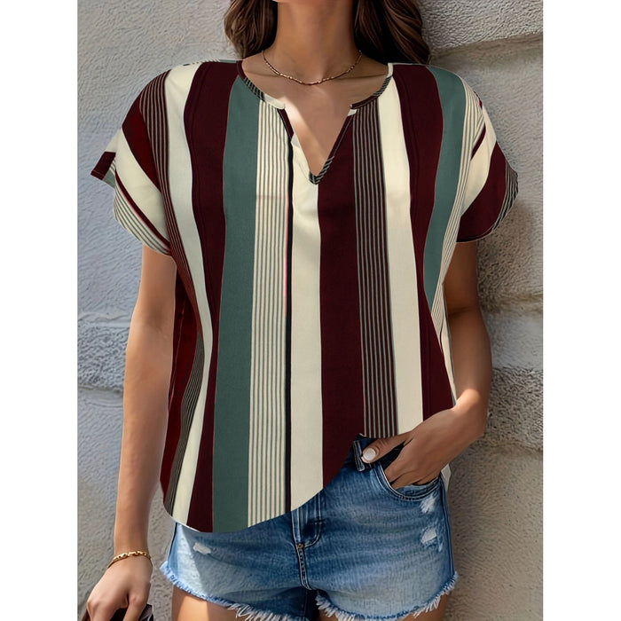 Striped Notched Short Sleeve Blouse