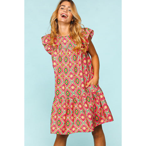 Ruffled Printed Dress with Side Pockets