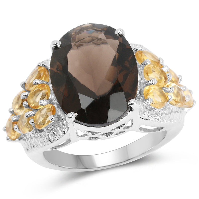 Bids.com 9.74 Carat Genuine Smoky Quartz, Citrine & White Topaz .925 Sterling Silver Ring Rings