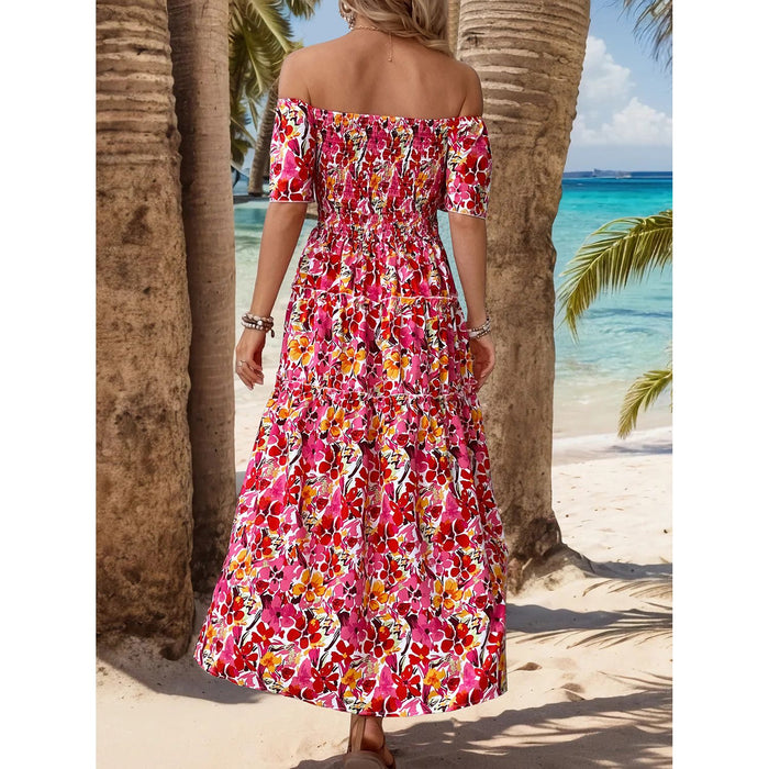 Slit Floral Off-Shoulder Short Sleeve Dress