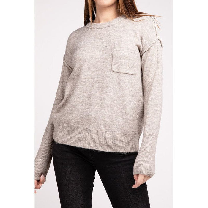 Melange Hi-Low Hem Round Neck Sweater